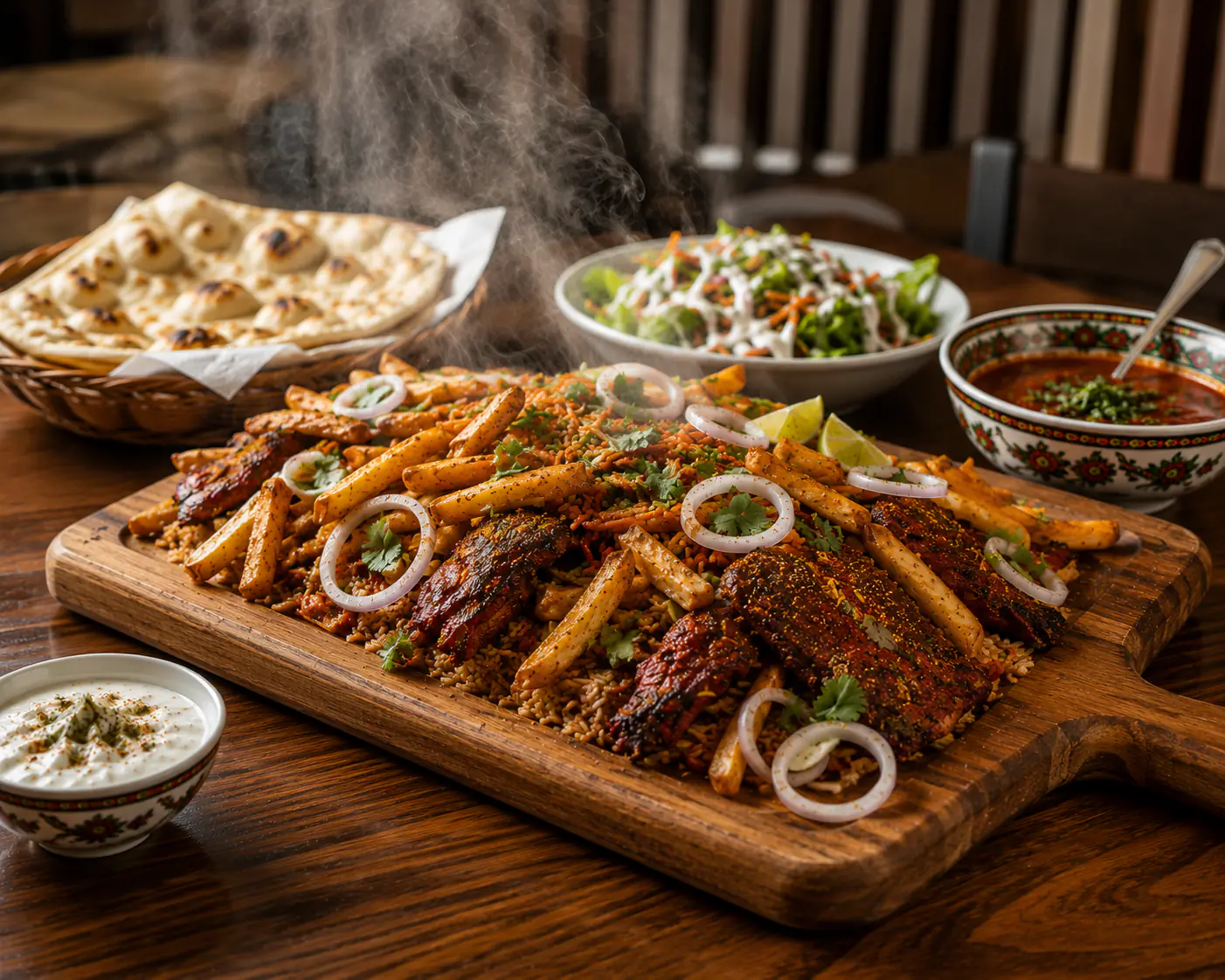 A generous Afghan family-style spread with grilled meats, seasoned rice, naan, salad and house sauces
