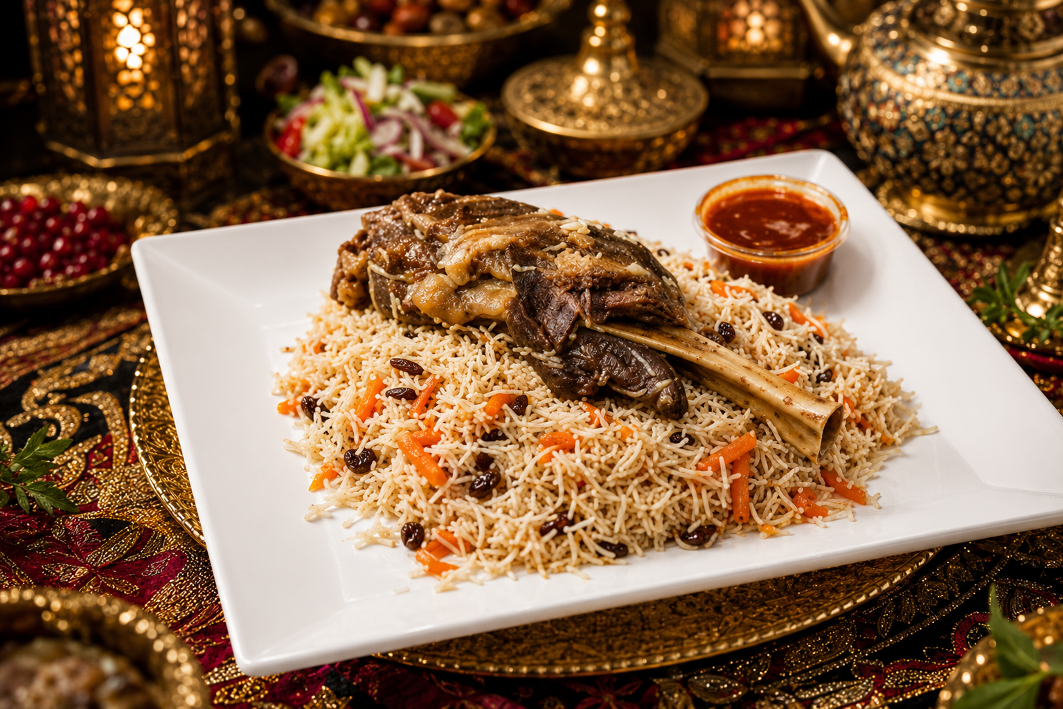 Qabili-Uzbeki rice with carrots, raisins and tender lamb shank